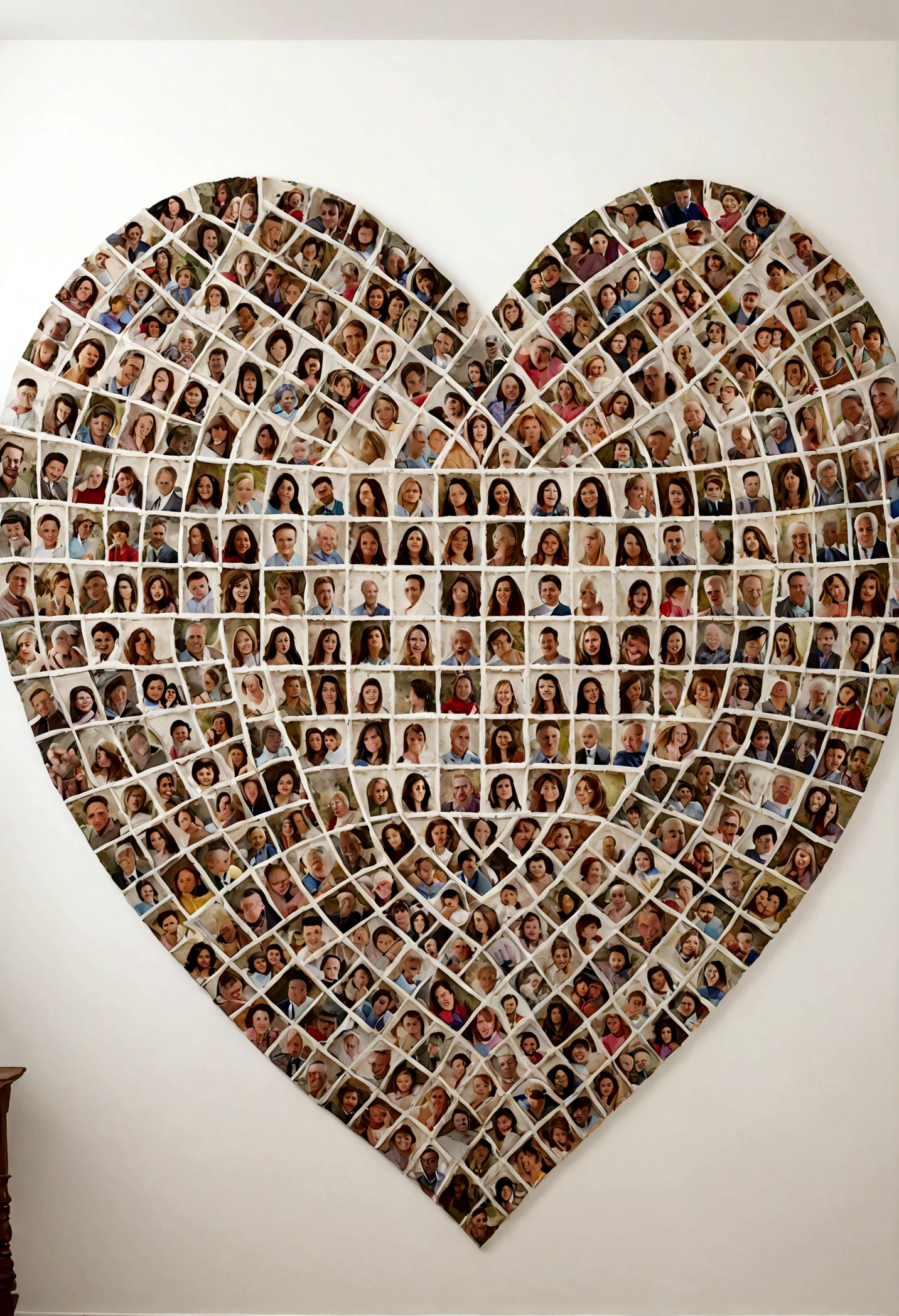 --ar A large heart painted on a pristine white wall, a smooth wall, composed entirely of high resolution photographs of family members, rendered in Ultra HD hyper resolution. The heart is intricately formed by a series of carefully arranged images, creating a visually striking collage. Each photo is clear and vivid, capturing the essence and personality of each family member, from ancestors to modern relatives. The photos blend seamlessly into the heart shape, emphasizing the consistency and beautiful design. Studio Lighting. This artistic and honest representation of genealogy celebrates family bonds through a stunning and personal tapestry of treasured memories.