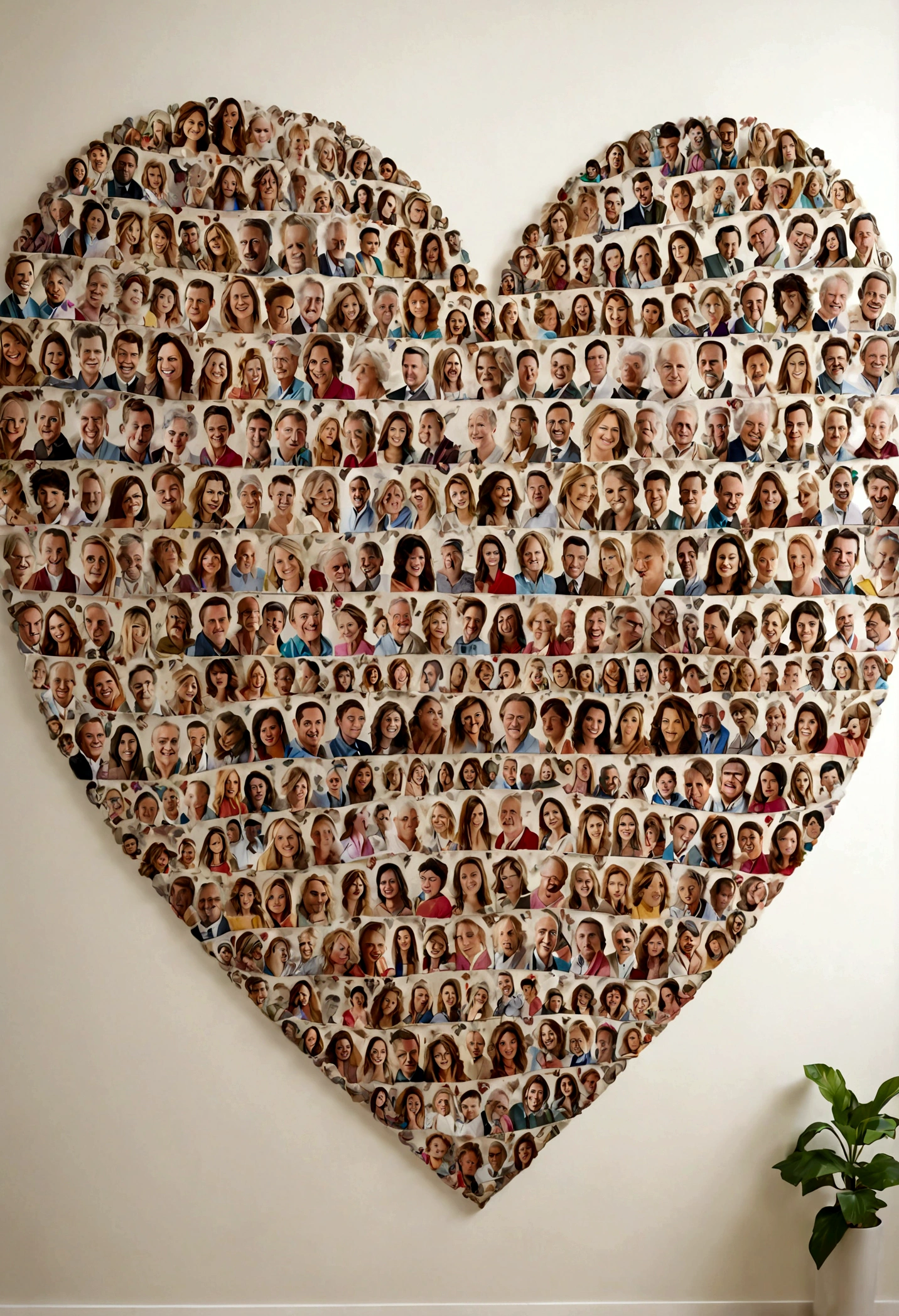--ar A large heart painted on a pristine white wall, a smooth wall, composed entirely of high resolution photographs of family members, rendered in Ultra HD hyper resolution. The heart is intricately formed by a series of carefully arranged images, creating a visually striking collage. Each photo is clear and vivid, capturing the essence and personality of each family member, from ancestors to modern relatives. The photos blend seamlessly into the heart shape, emphasizing the consistency and beautiful design. Studio Lighting. This artistic and honest representation of genealogy celebrates family bonds through a stunning and personal tapestry of treasured memories.