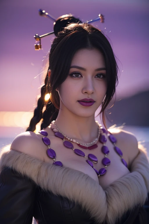 (highest quality、Ultra-high resolution、masterpiece、8K)、((Realistic、Ultra-realistic、Realistic)),Lulu from Final Fantasy 10 , 1 girl 、((Full Body Portrait))、Very beautiful woman、Slender、Slim Waist、Sharp long legs、Beautiful purple eyes,White skin,Purple lips,((black long dress with short fur,Black fishnet stockings)),Purple Necklace、(Delicate face、Detailed eyes and face、double eyelid)、High-definition skin texture、Sexy pose,Beautiful purple rose field,Final Fantasy Worldview,Dark worldview,Amazing night view,Amazing night sky,Picturesque,smile,Captivating beauty,Phantom River、Professional Lighting