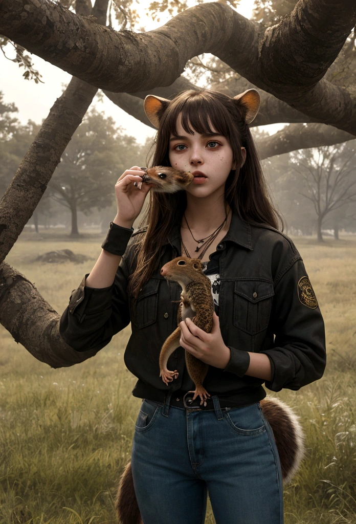 a ager, standing in four supports, with her hands on the ground, holding a dead squirel in her mouth, she has a wild gaze, horror style, grassy frontyard,