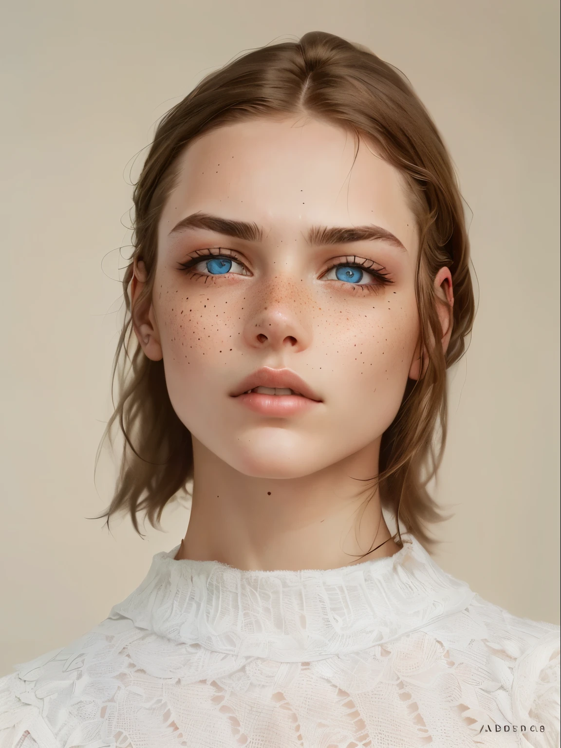 gloomy picture, woman in a gray shirt and blue eyes looks at the camera, ideal face model, Portrait of Brigitte Caus, Alexandra Valishevskaya, soft freckles, very light freckles, androgynous face, fashion model frowns, perfect faces, Natural straight eyebrows, without makeup