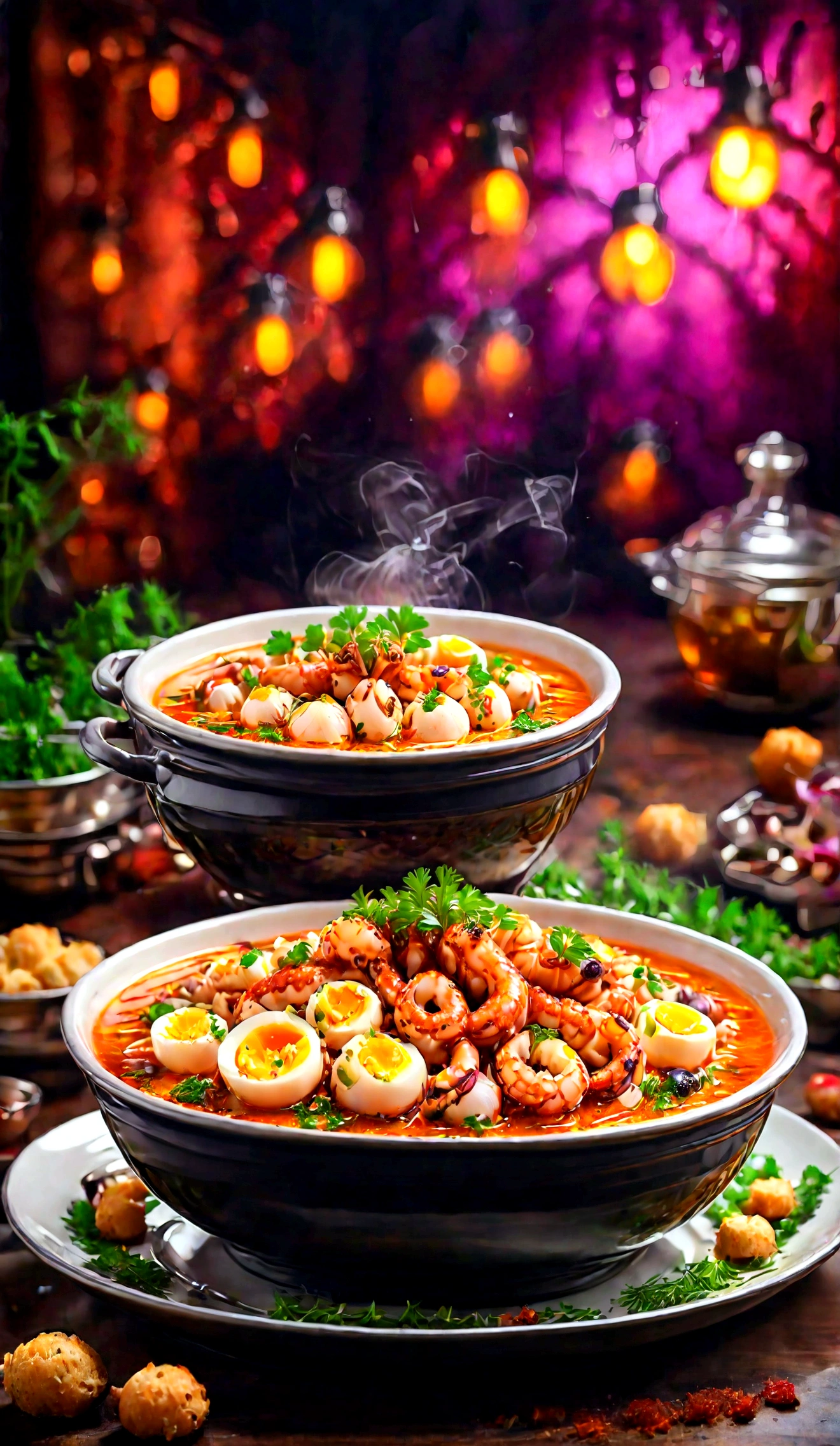 a plate of very tasty-looking soup with large tentacles of octopus seasoned with herbs, pieces of hard-boiled eggs and pieces of croutons. a table set for dinner, silver cutlery, a glass of white wine.