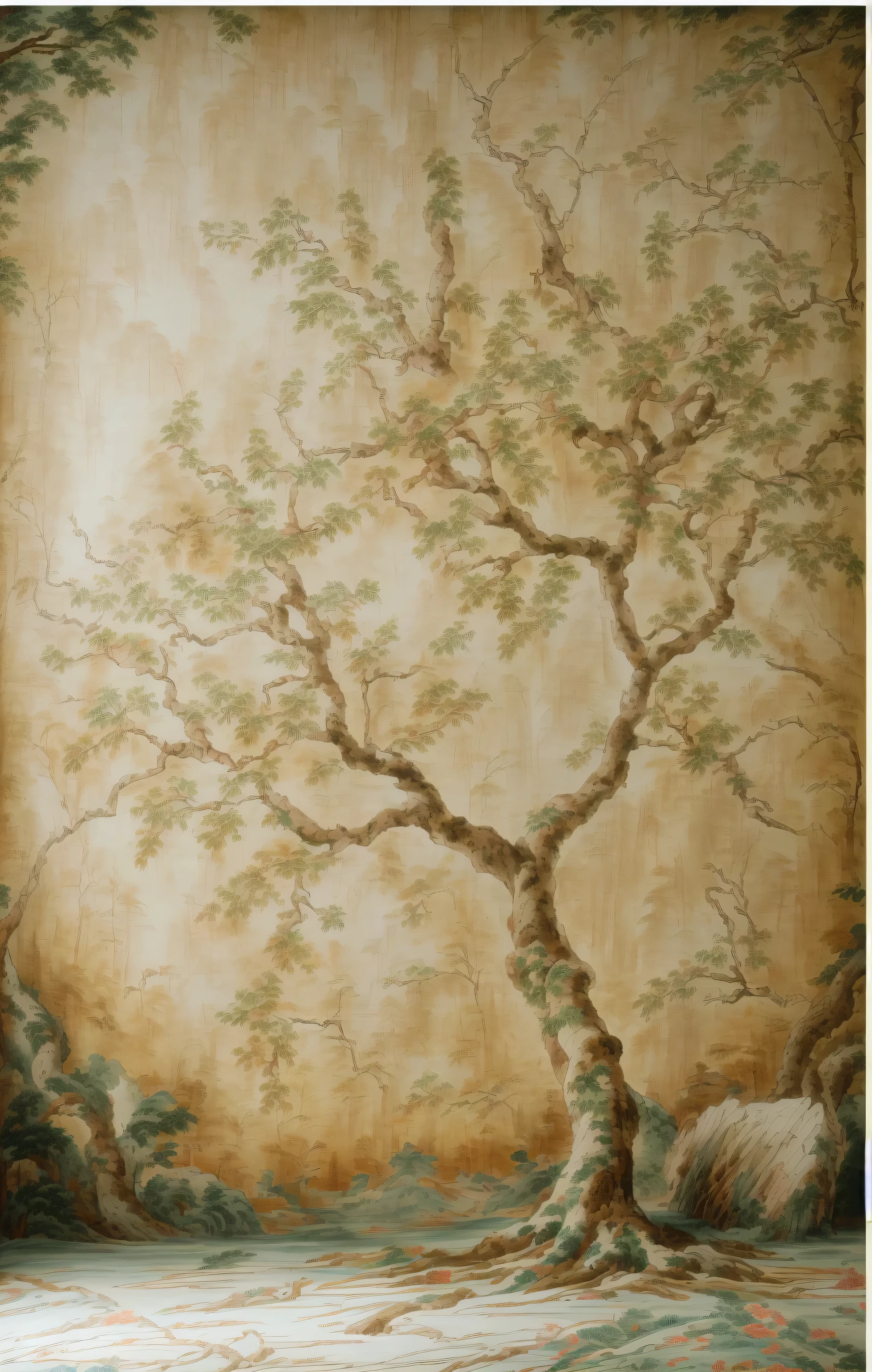 painting of a tree in a room with a wall mural, inspired by Sōami, chinoiserie wallpaper, inspired by Ma Yuan, inspired by Xie Shichen, faux painting, inspired by Kanō Mitsunobu, oriental wallpaper, inspired by Jules Joseph Lefebvre, inspired by Koson Ohara, wall painting