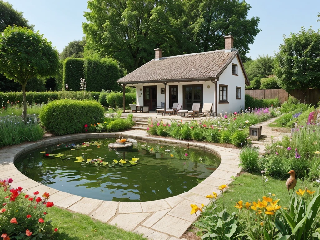 Daschhund in garden of single story house, Beautiful garden, birds and butterflies, pond with fish, 