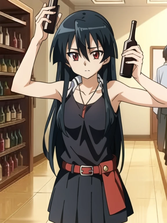 (masterpiece, best quality), intricate details,
1girl, akame, long hair, black skirt, black clothes, pleated skirt, belt, red eyes,
Chugging, , alcohol, wine bottle,
