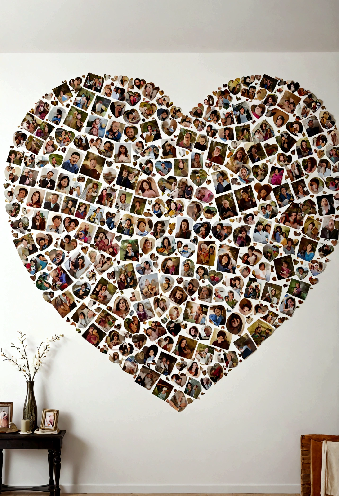 --ar A large heart painted on a pristine white wall, a smooth wall, composed entirely of high resolution photographs of family members, rendered in Ultra HD hyper resolution. The heart is intricately formed by a series of carefully arranged images, creating a visually striking collage. Each photo is clear and vivid, capturing the essence and personality of each family member, from ancestors to modern relatives. The photos blend seamlessly into the heart shape, emphasizing the consistency and beautiful design. Studio Lighting. This artistic and honest representation of genealogy celebrates family bonds through a stunning and personal tapestry of treasured memories.