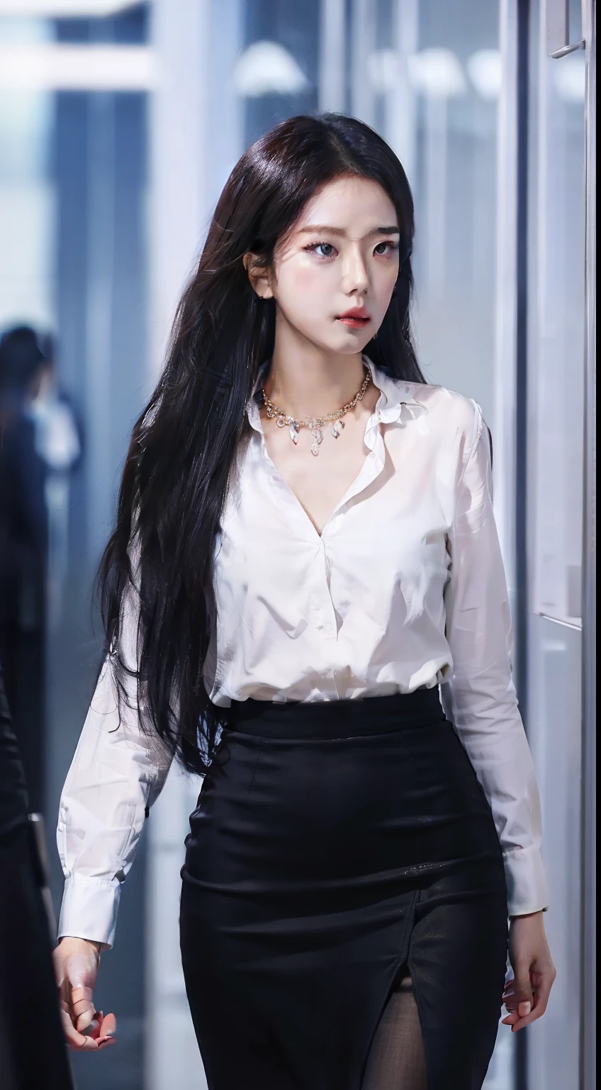Beautiful Girl, Korean makeup, Red lips, Perfect body, medium chest, thigh, walk, Going, secretary, office, necklace slit shirt, Pencil skirt, black tights, View of the office,