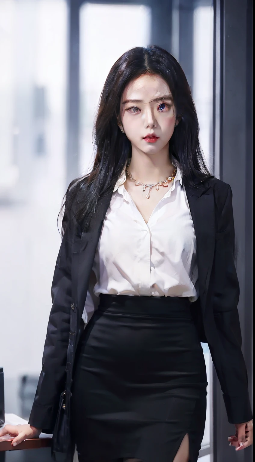 Beautiful Girl, Korean makeup, Red lips, Perfect body, medium chest, thigh, walk, Going, secretary, office, necklace slit shirt, Pencil skirt, black tights, View of the office,