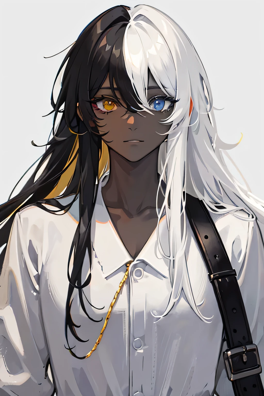"A single character male with dark skin, heterochromia—left eye white, right eye yellow—and two-tone hair (black and white), long and messy."