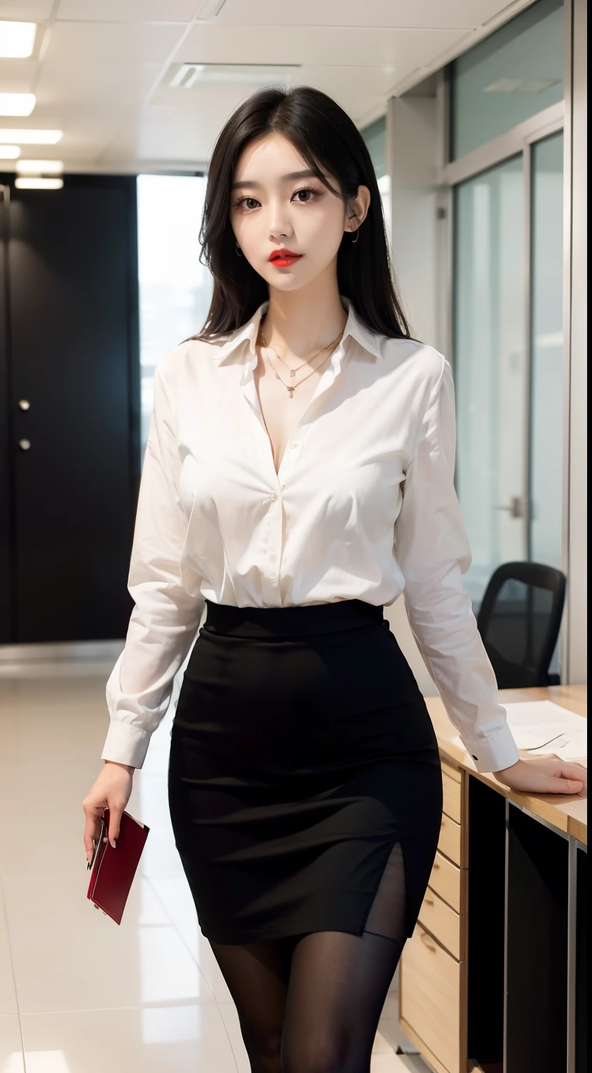 Beautiful Girl, Korean makeup, Red lips, Perfect body, medium chest, thigh, walk, Going, secretary, office, necklace slit shirt, Pencil skirt, black tights, View of the office,