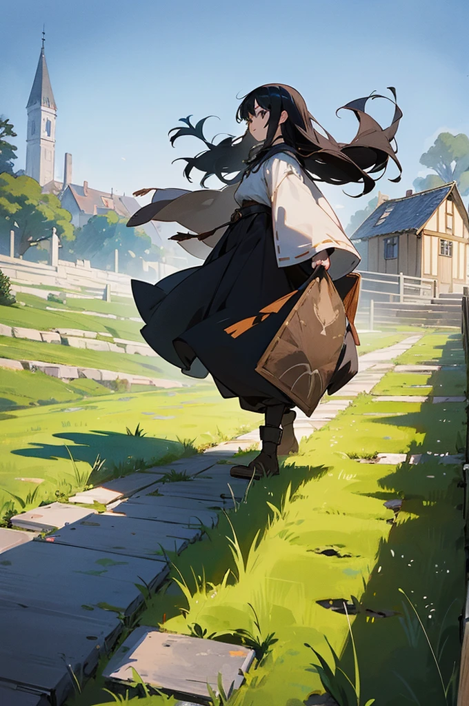 1girl, black hair, black eyes, long hair, determined expression, adventurer, full body, walking, side view, medieval setting, small village, wooden buildings, grass, dirt, good proportions