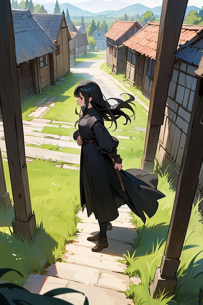 1girl, black hair, black eyes, long hair, determined expression, adventurer, full body, walking, side view, medieval setting, small village, wooden buildings, grass, dirt, good proportions