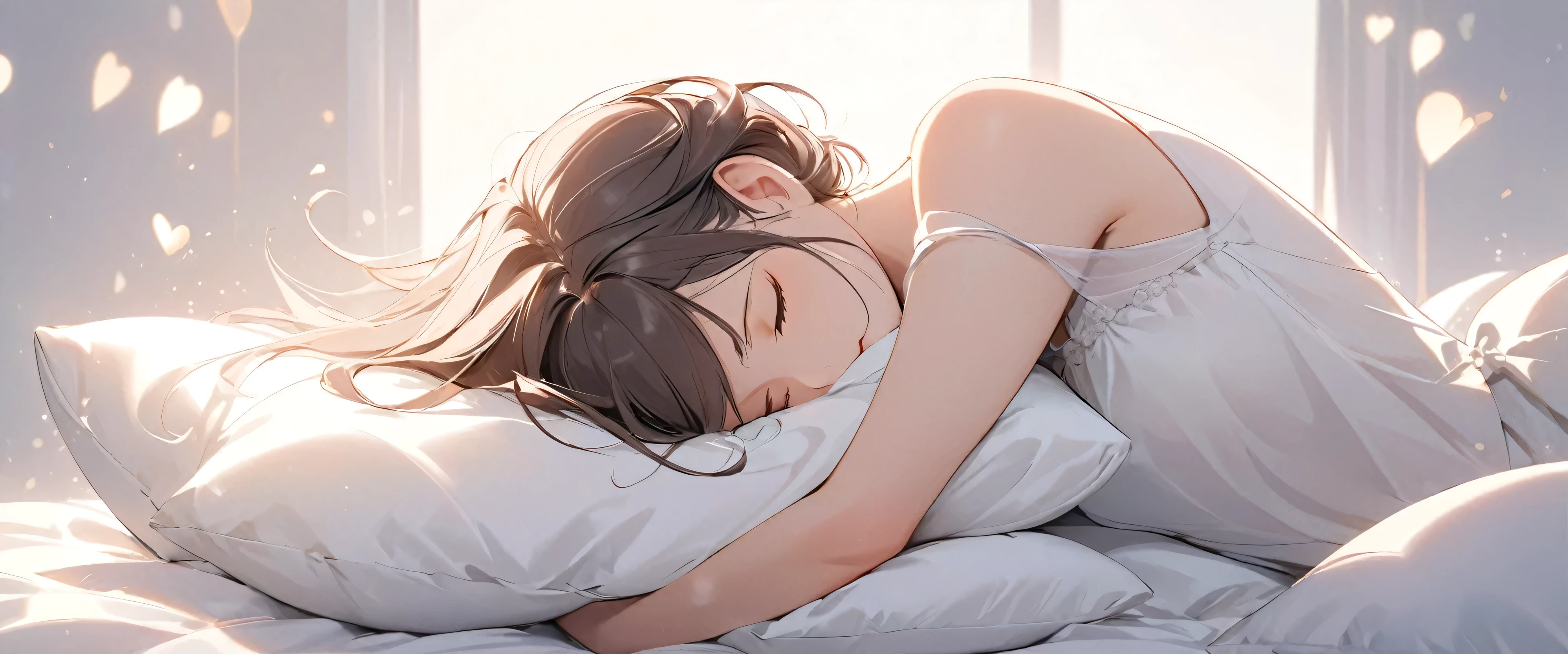 Minimalist style: pillow on your arms, close your eyes and relax, showing a romantic, relaxed and elegant beauty