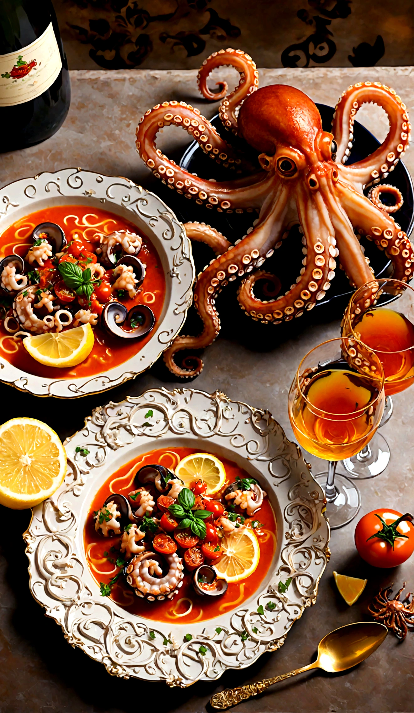 a plate of very tasty-looking soup with large tentacles of octopus seasoned with stewed tomatoes, chunks of cheese and lemon. a table set for dinner, gold cutlery, a glass of champagne. A vase with ice and a bottle of wine.
