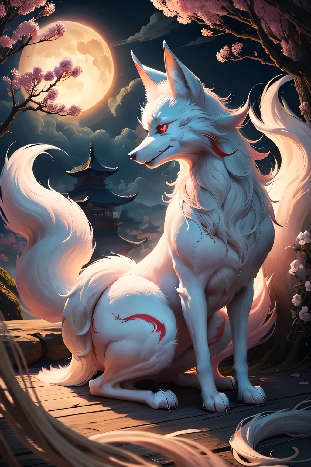 White three-tailed fox, Chinese myth, Kitsune, olhos negros, Peach Blossom Forest, magnificent clouds, fantasia, mystery, China antiga, noite