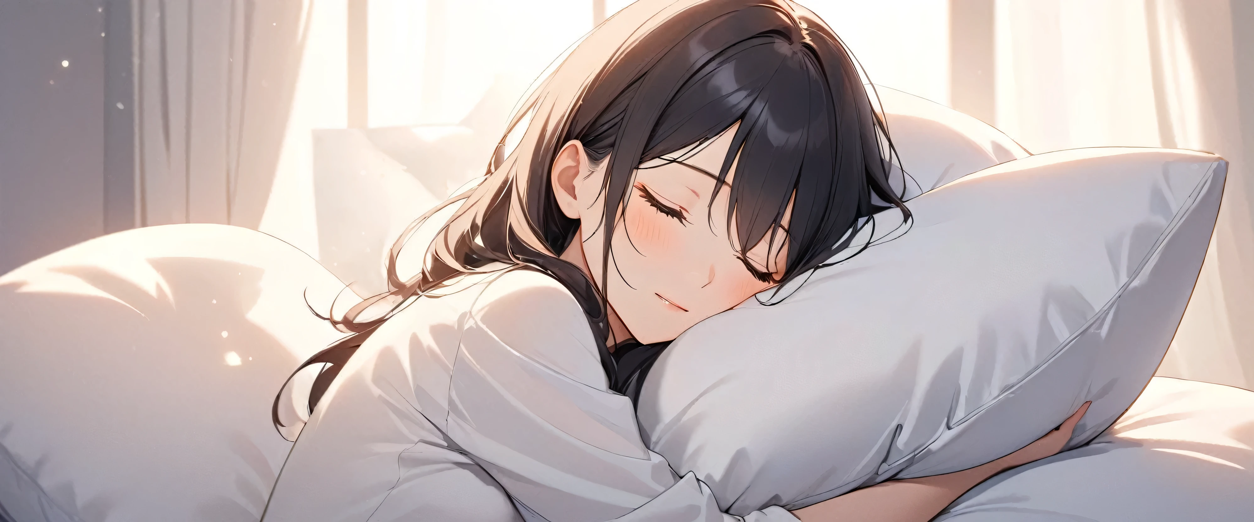 Minimalist style: pillow on your arms, close your eyes and relax, showing a romantic, relaxed and elegant beauty