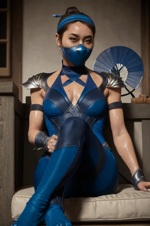 kitana, woman, ninja, blue leotard, armor, mask, holding fan, open fan,  dramatic pose, outside, pleasant colors, dreamy light,sit,cross legs,feet up,sweat feets,sweat thigh