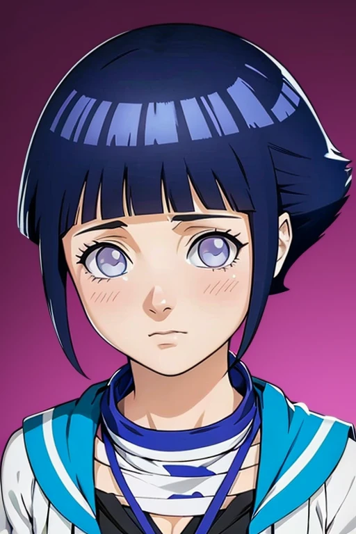 Rico em detalhes, rosto detalhado, bochechas fofas lindo olhos fofos, Hinata , escuro cabelo azul claro olho roxo
