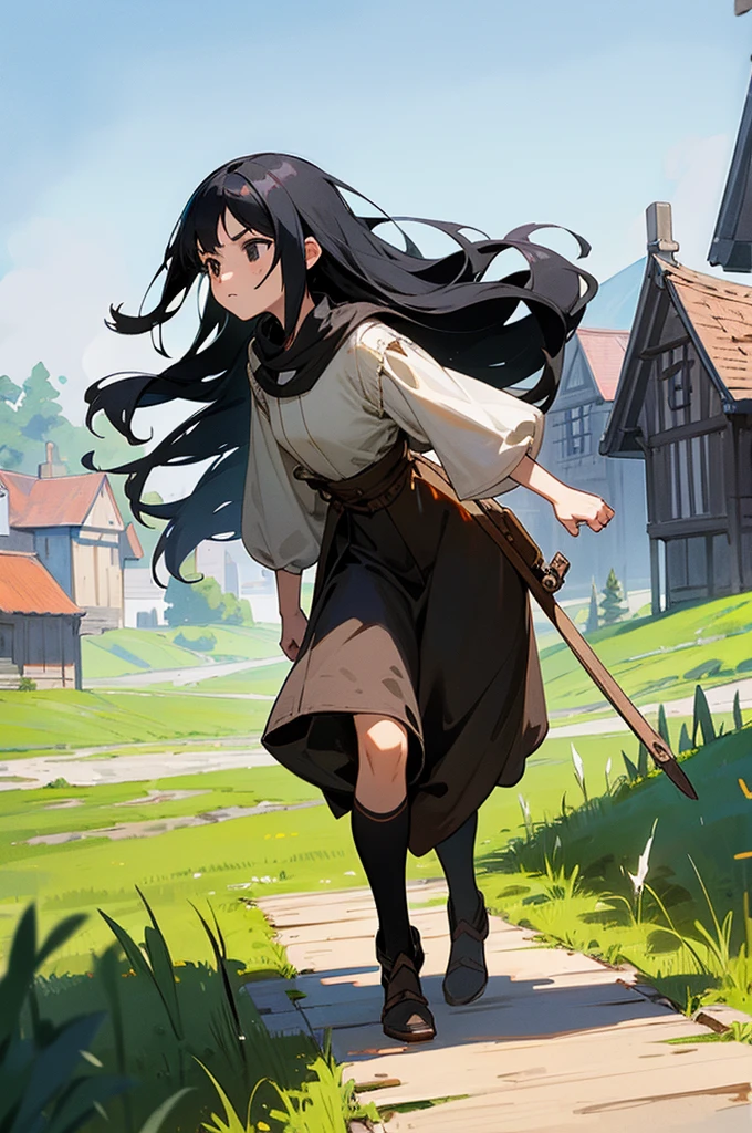 1girl, black hair, black eyes, long hair, determined expression, adventurer, full body, walking, medieval setting, small village, wooden buildings, grass, dirt, good proportions, detailed face,