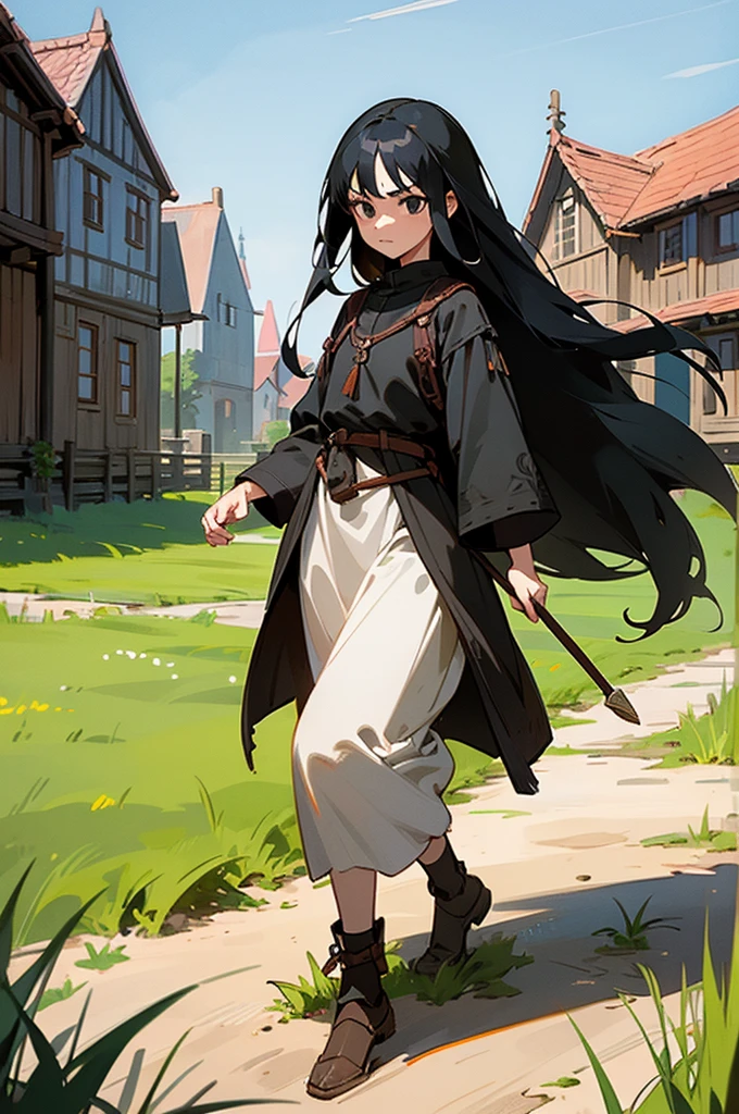 1girl, black hair, black eyes, long hair, determined expression, adventurer, full body, walking, medieval setting, small village, wooden buildings, grass, dirt, good proportions, detailed face,