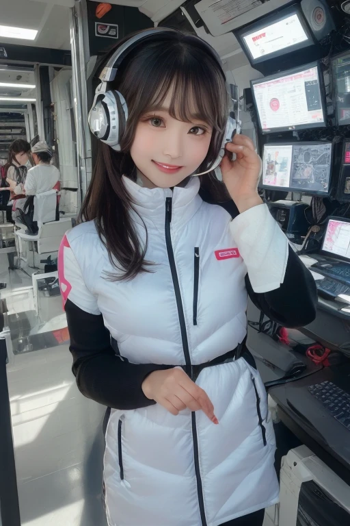 masterpiece, highest quality, Very detailed, 8K Portrait,Japanese Android Girl,plump , Control panel,Robotic arms and legs, Blunt bangs,,break (Metallic Gray, Metallic luster, Mirror finish, Astro Best):5,headphone:5,break (Black sleeves):100,Smart Watches,Futuristic space station,Control Room,break headphone,blue eyes,(Black Hair):2,(Long Hair):1.3,Displaying the viewer,(respirator),break blush:3,Hidden Hand,smile