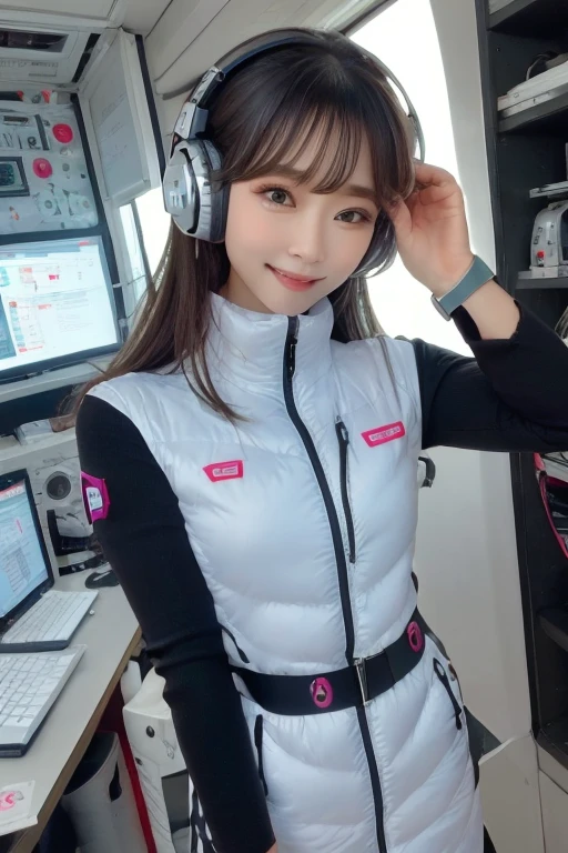 masterpiece, highest quality, Very detailed, 8K Portrait,Japanese Android Girl,plump , Control panel,Robotic arms and legs, Blunt bangs,,break (Metallic Gray, Metallic luster, Mirror finish, Astro Best):5,headphone:5,break (Black sleeves):100,Smart Watches,Futuristic space station,Control Room,break headphone,blue eyes,(Black Hair):2,(Long Hair):1.3,Displaying the viewer,(respirator),break blush:3,Hidden Hand,smile