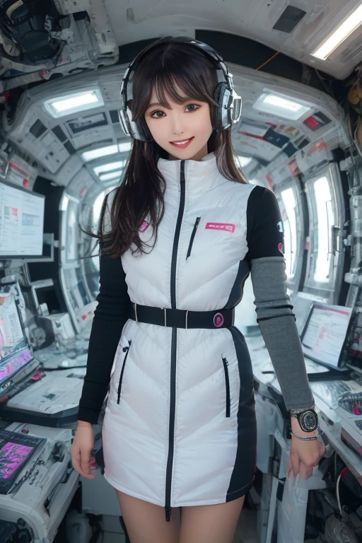 masterpiece, highest quality, Very detailed, 8K Portrait,Japanese Android Girl,plump , Control panel,Robotic arms and legs, Blunt bangs,,break (Metallic Gray, Metallic luster, Mirror finish, Astro Best):5,headphone:5,break (Black sleeves):100,Smart Watches,Futuristic space station,Control Room,break headphone,blue eyes,(Black Hair):2,(Long Hair):1.3,Displaying the viewer,(respirator),break blush:3,Hidden Hand,smile