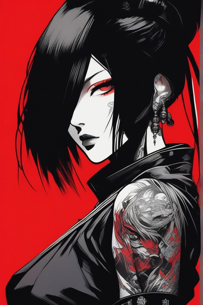 (best quality, sketch:1.2),realistic,illustrator,anime, Woman with tattoos on her arms and chest, Cyberpunk art inspired by Masamune Shirow, Art Station, Gothic art, Then Martin, Then Martin artwork portrait, Frank Cho, ArtJam and ilya kuvshinov, Chris Moore. ArtJam, ArtJam greg rutkowski _ greg, shohei otomo black and red gradient background,neon hair,textured cropping, masterpiece, style retro classic, noir style , Japanese style, ((monochrome))