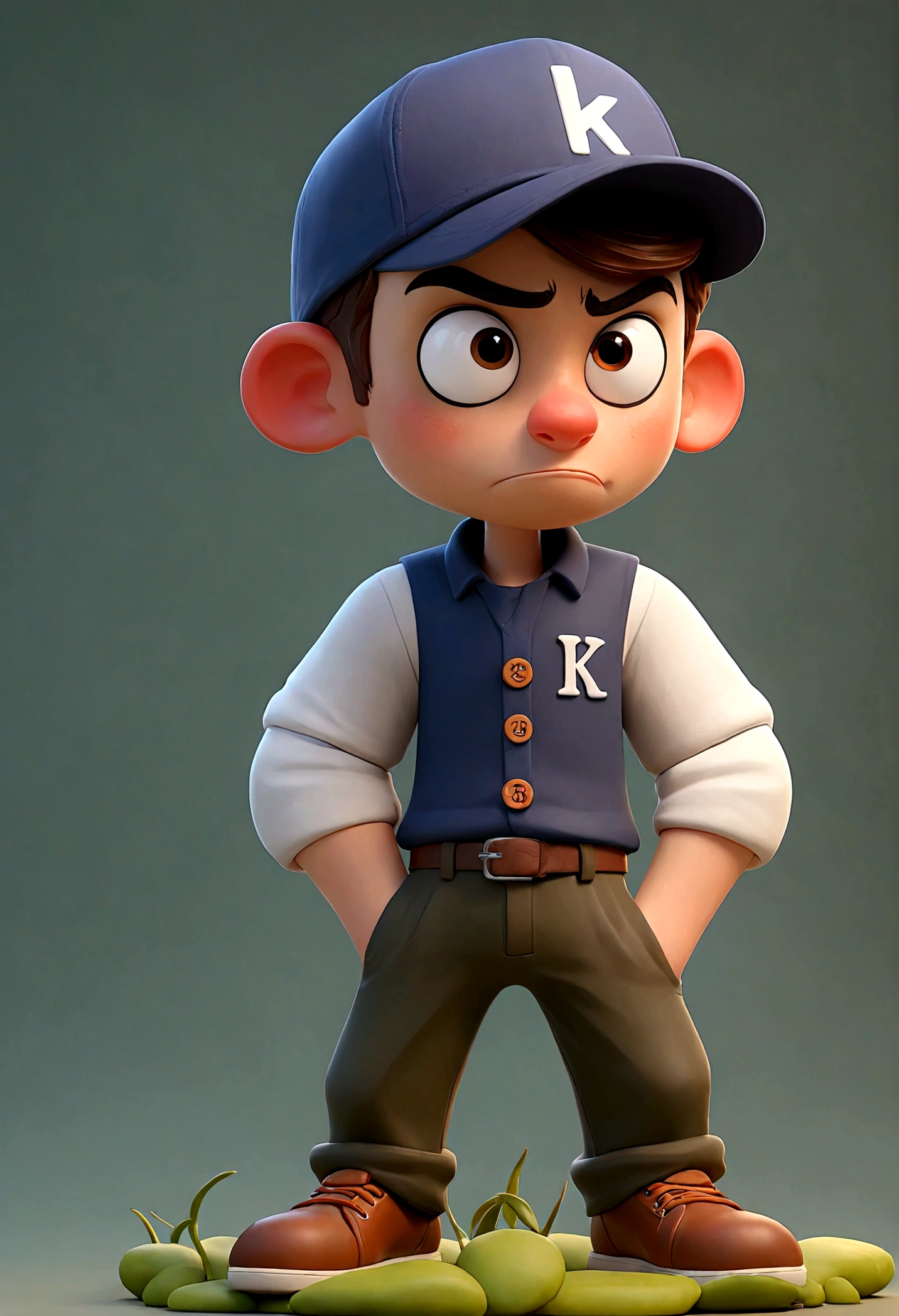 24 year old smart , man,inluencer,  3d cartoon men , wearing carho pent and cap , write 'K' on cap , show full body