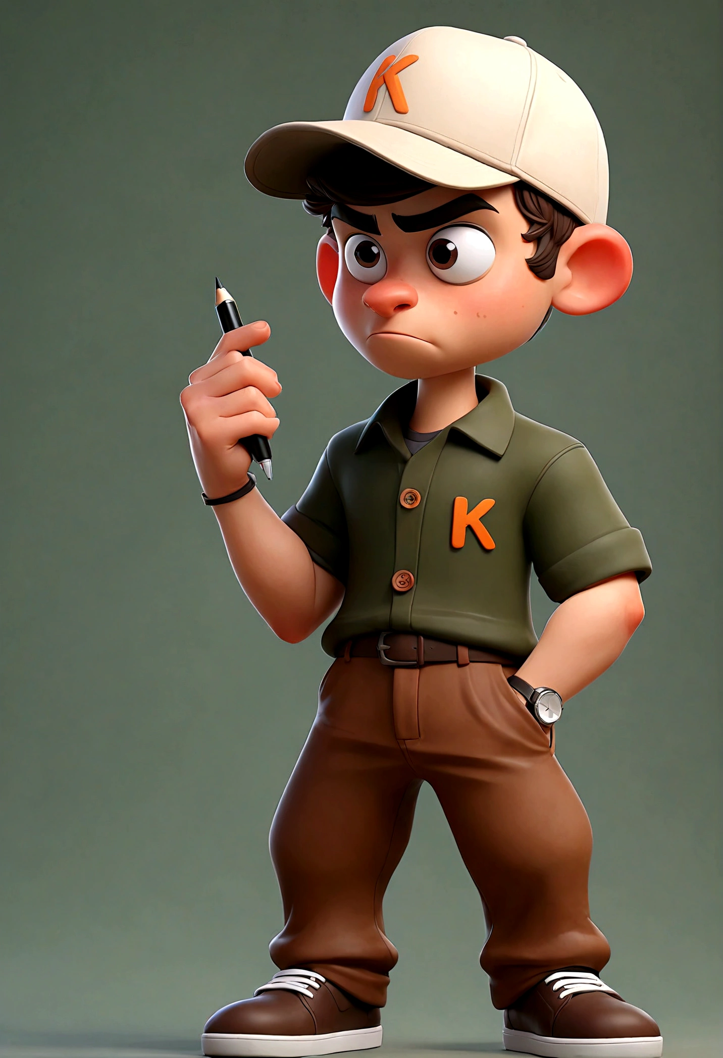 24 year old smart , man,inluencer,  3d cartoon men , wearing carho pent and cap , write 'K' on cap , show full body