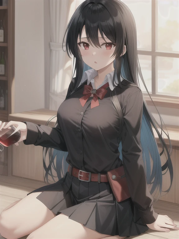 (masterpiece, best quality), intricate details, 1girl, akame, long hair, black skirt, black clothes, pleated skirt, belt, red eyes, Chugging, , alcohol, wine bottle,