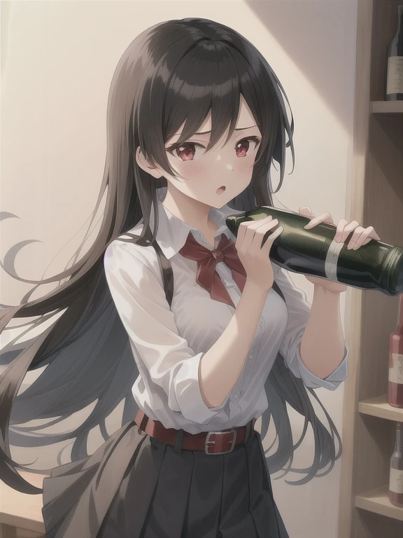 (masterpiece, best quality), intricate details, 1girl, akame, long hair, black skirt, black clothes, pleated skirt, belt, red eyes, Chugging, , alcohol, wine bottle,