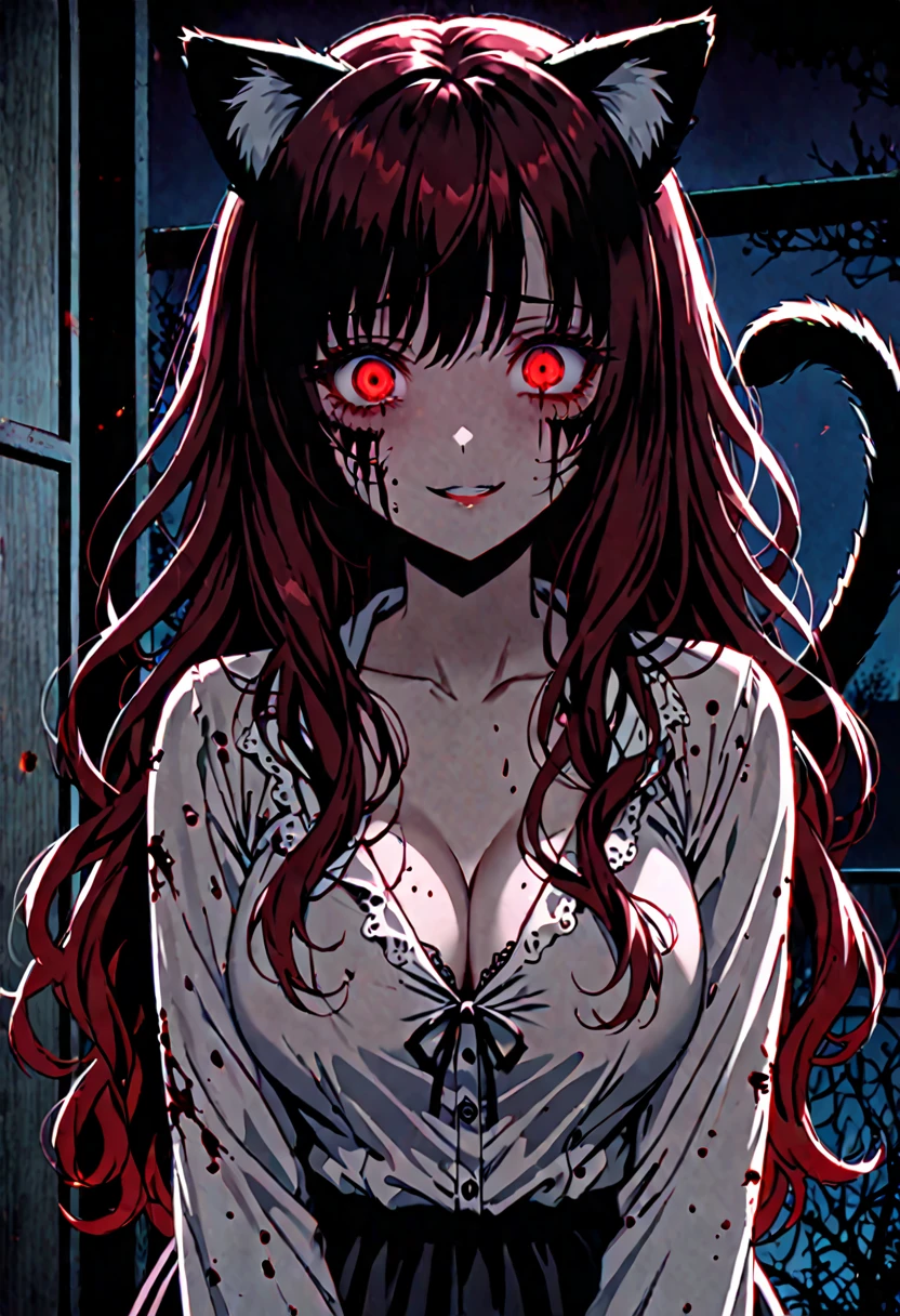 solo, female, cat ears, cat tail, red eyes, dark red hair, long wavy hair, large breasts, black mascara, runny mascara, cleavage, yandere, yandere smile, dark, night ,horror, vhs effect, horror