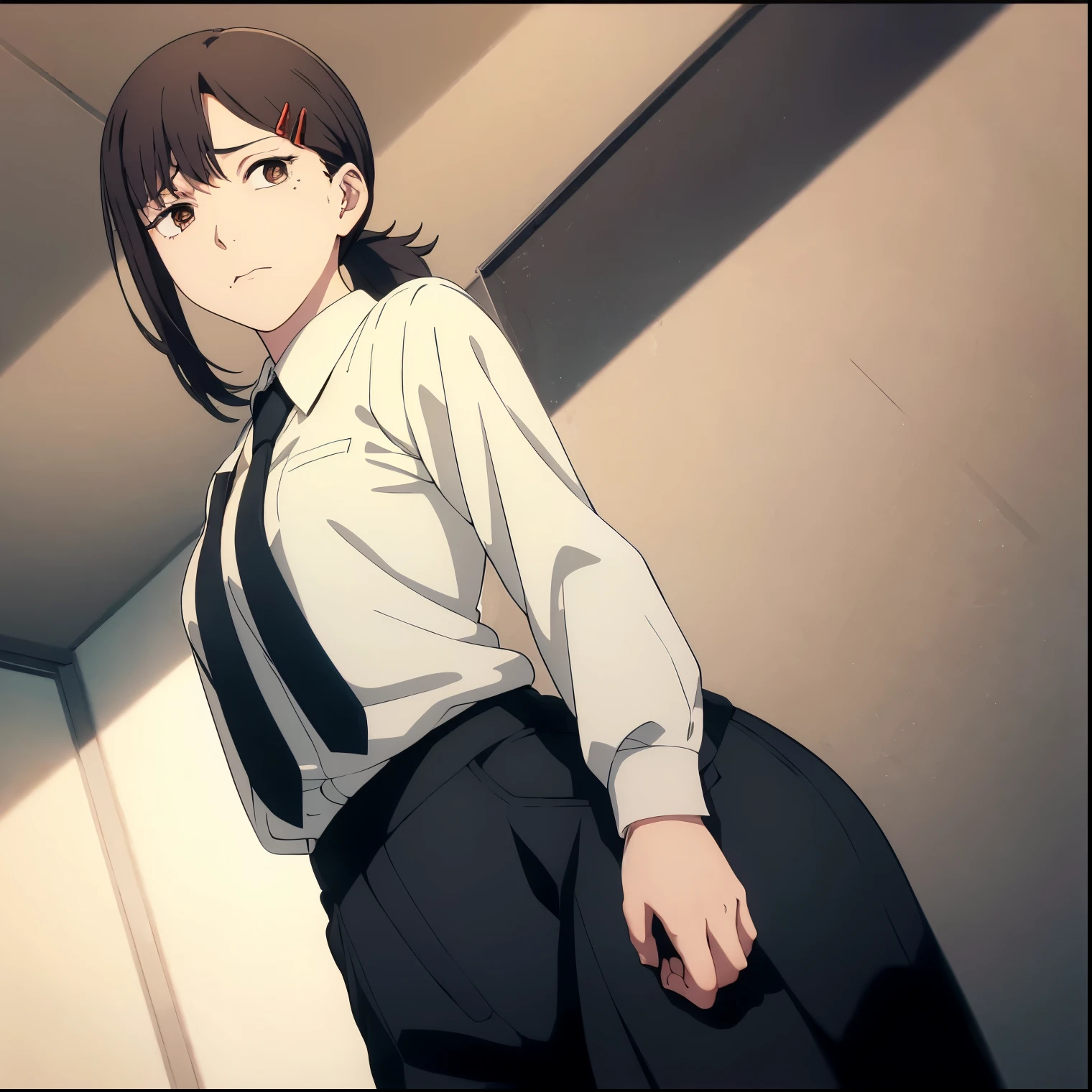 1 girl, alone, kobeni higashiyama, black hair, hair ornament, hair clip, mole, mole under the eye, ponytail, short hair, (brown eyes: 1.5), shirt, long sleeves, (white shirt :1.2),(black tie:1.2), collared shirt, pants, (black pants:1.2), formal, suit, black tie,(tucked shirt:1.2), office worker, indoors, office, medium breasts, medium waist, wide hips, wide thighs, round butt, facing viewer, looking back, from behind, focus on butt, point of view (from below), showing butt, (inside: 1.2), (facing forward : 1.2), (office:1.2), window, (lighting:1.2), (Masterpiece: 1.2), Best Quality, High Resolution, Unity 8K Wallpaper, (Artwork: 0.8), (Beautiful and detailed eyes : 1.6), Extremely Detailed Face, Perfect Lighting, Extremely Detailed CG, (Perfect Hands, Perfect Anatomy)