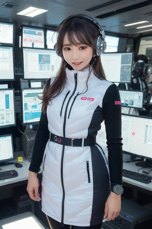 masterpiece, highest quality, Very detailed, 8K Portrait,Japanese Android Girl,plump , Control panel,Robotic arms and legs, Blunt bangs,,break (Metallic Gray, Metallic luster, Mirror finish, Astro Best):5,headphone:5,break (Black sleeves):100,Smart Watches,Futuristic space station,Control Room,break headphone,blue eyes,(Black Hair):2,(Long Hair):1.3,Displaying the viewer,(respirator),break blush:3,Hidden Hand,smile
