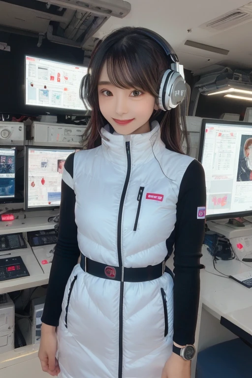 masterpiece, highest quality, Very detailed, 8K Portrait,Japanese Android Girl,plump , Control panel,Robotic arms and legs, Blunt bangs,,break (Metallic Gray, Metallic luster, Mirror finish, Astro Best):5,headphone:5,break (Black sleeves):100,Smart Watches,Futuristic space station,Control Room,break headphone,blue eyes,(Black Hair):2,(Long Hair):1.3,Displaying the viewer,(respirator),break blush:3,Hidden Hand,smile
