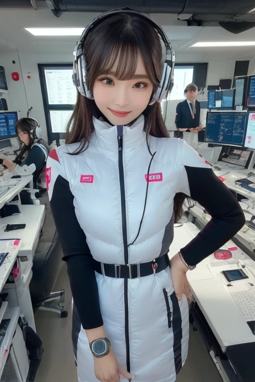masterpiece, highest quality, Very detailed, 8K Portrait,Japanese Android Girl,plump , Control panel,Robotic arms and legs, Blunt bangs,,break (Metallic Gray, Metallic luster, Mirror finish, Astro Best):5,headphone:5,break (Black sleeves):100,Smart Watches,Futuristic space station,Control Room,break headphone,blue eyes,(Black Hair):2,(Long Hair):1.3,Displaying the viewer,(respirator),break blush:3,Hidden Hand,smile