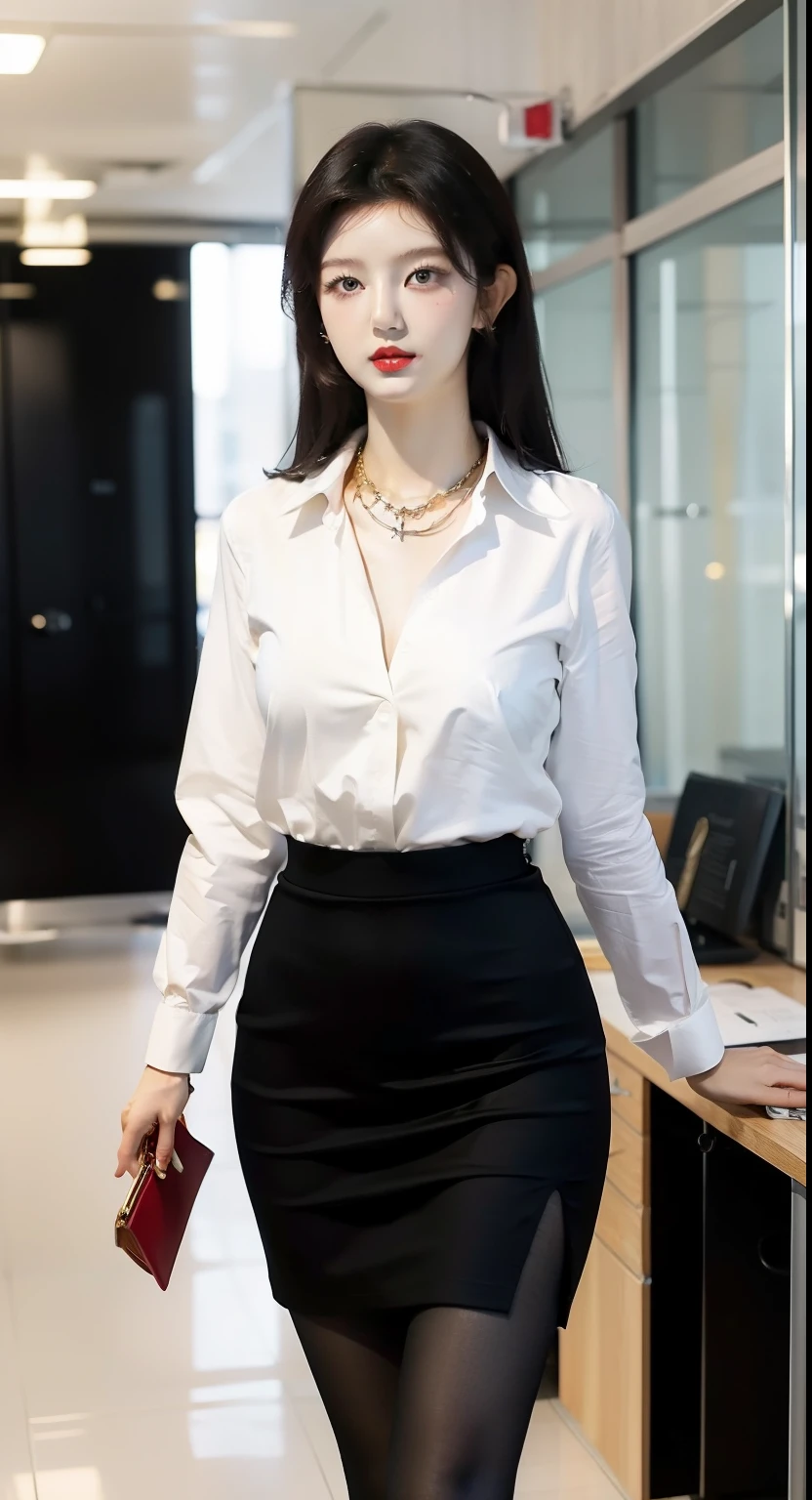 Beautiful Girl, Korean makeup, Red lips, Perfect body, medium chest, thigh, walk, Going, secretary, office, necklace slit shirt, Pencil skirt, black tights, View of the office,