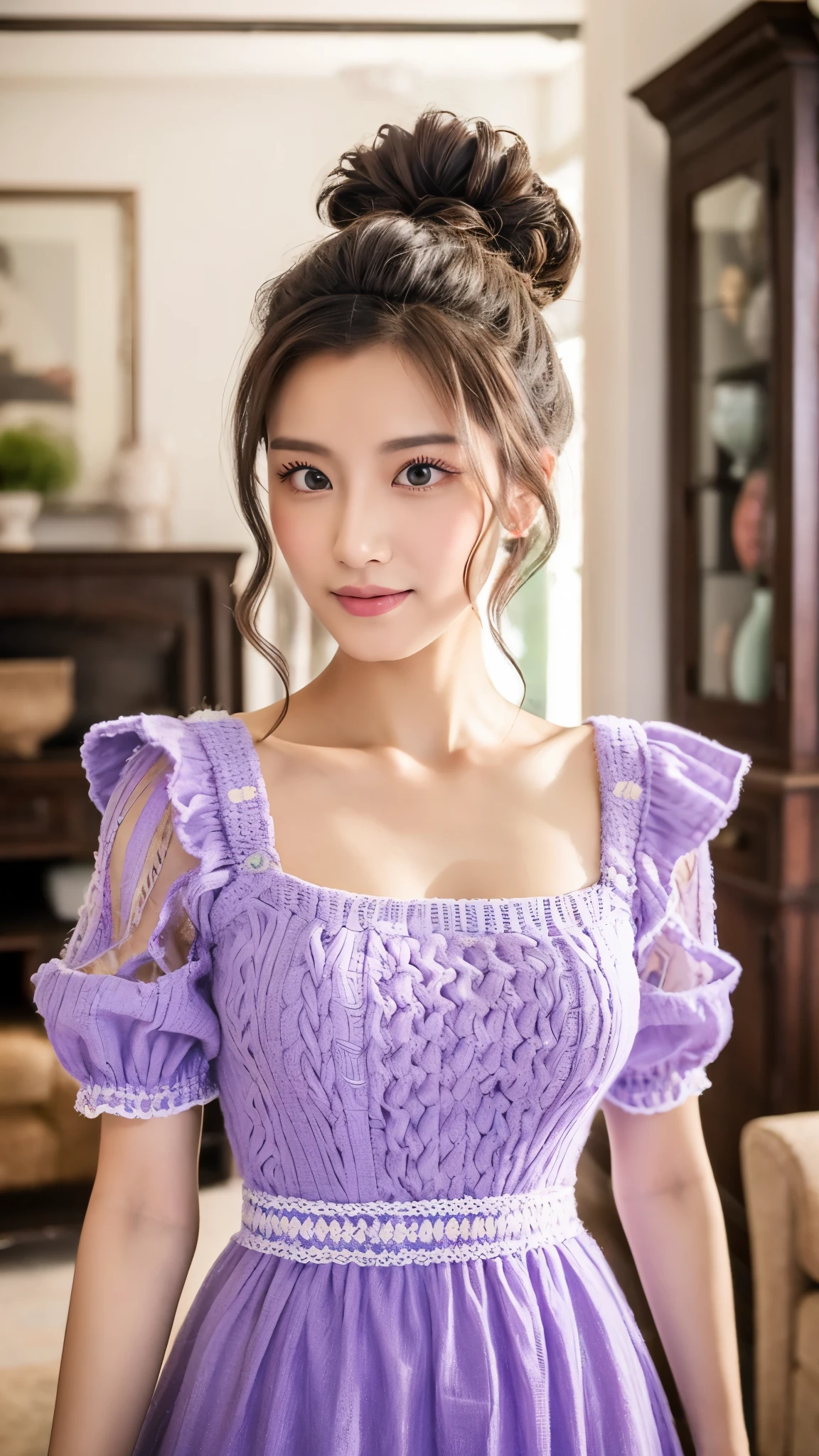 Full body shot photo of A man with large hair bun crossdressing as a woman wearing lilac knitted dress standing in the living room. Detailed face features, serene expression