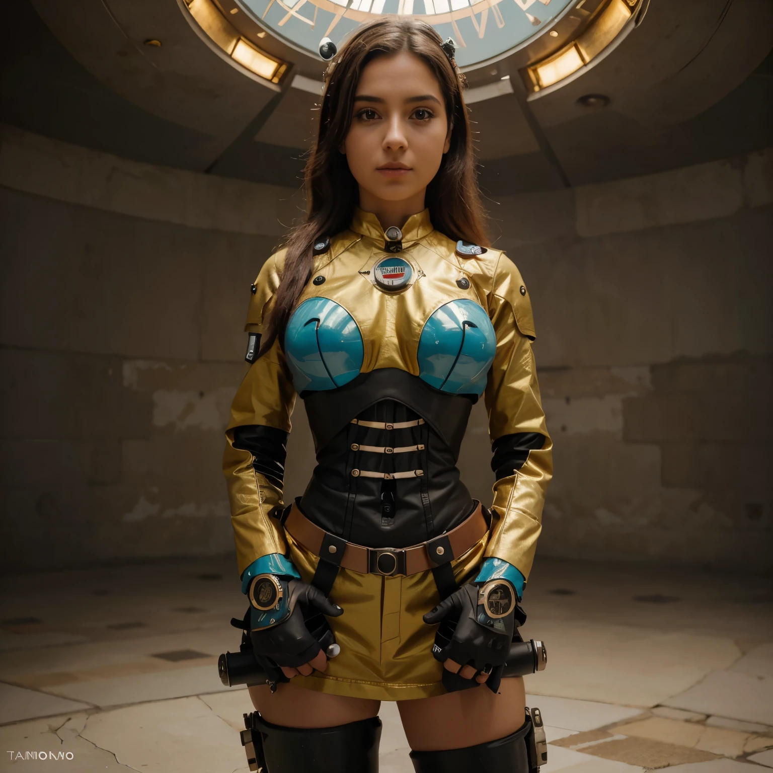Uma garota toon, o robô com motor Rocketeer, tweezers in hands, Television head, pin head, Rosa amarelo ciano enferrujado, Ambiente em uma cratera de meteorito super detalhado, Centro, lindo, soft lighting, focado no personagem, 4k resolution, Photorealistic rendering,
