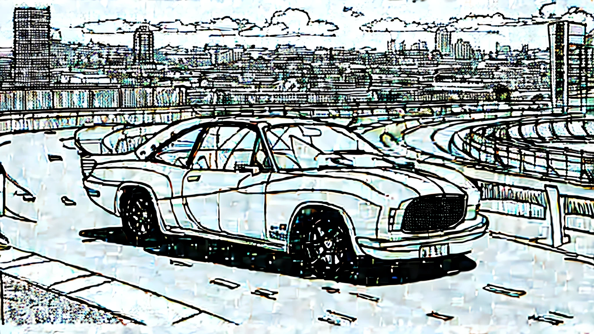 Coloring picture in black and white, lines. Cartoon car race. A car is moving along the road, another one is catching up behind. In the background is the city, the audience. 2D mode