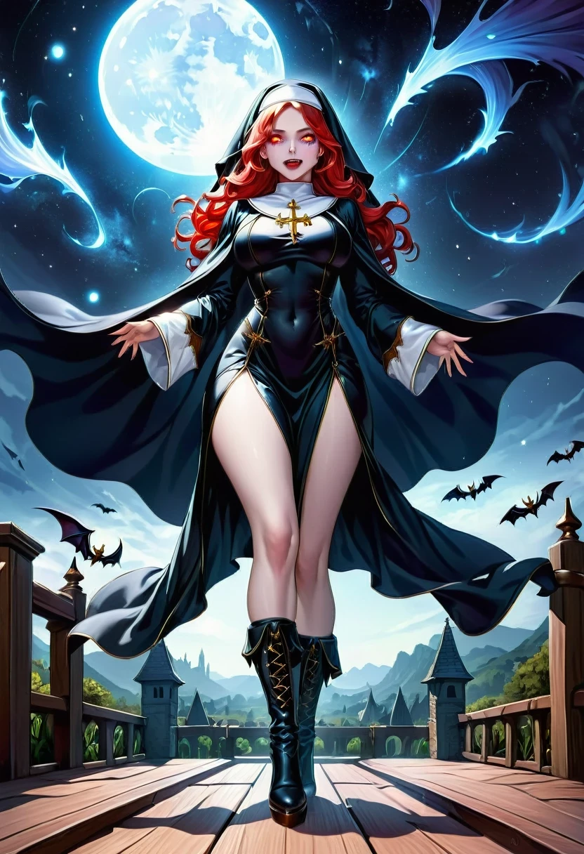 a picture of an exquisite beautiful female (nun: 1.3) vampire standing under the starry night sky on the porch of her monastary, action shot, dynamic angle (ultra detailed, Masterpiece, best quality), ultra detailed face (ultra detailed, Masterpiece, best quality), ultra feminine, (pale skin: 1.3), red hair, wavy hair, dynamic eyes color, cold eyes, glowing eyes, intense eyes, dark red lips, ((fangs: 1.1)), wearing white nun habit (ultra detailed, Masterpiece, best quality), wearing blue cloak (ultra detailed, Masterpiece, best quality), long cloak, flowing cloak (ultra detailed, Masterpiece, best quality), wearing high heeled boots, sky full of stars background, moon, bats flying about, action shot, high details, best quality, 16k, [ultra detailed], masterpiece, best quality, (ultra detailed), full body, ultra wide shot, photorealism, dark fantasy art, dark fantasy art, gothic art, many stars, dark fantasy art, gothic art, sense of dread,  GlowingRunesAI_red