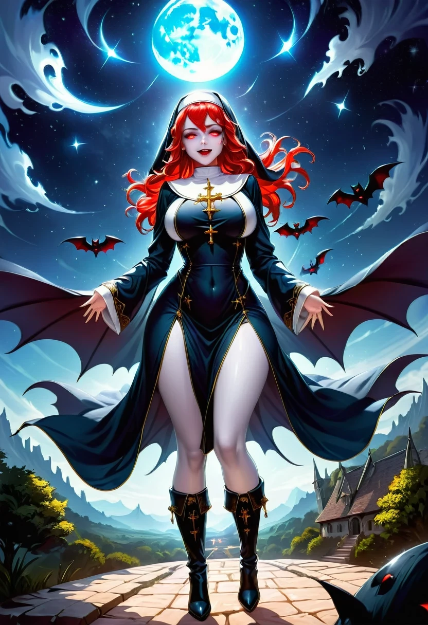 a picture of an exquisite beautiful female (nun: 1.3) vampire standing under the starry night sky on the porch of her monastary, action shot, dynamic angle (ultra detailed, Masterpiece, best quality), ultra detailed face (ultra detailed, Masterpiece, best quality), ultra feminine, (pale skin: 1.3), red hair, wavy hair, dynamic eyes color, cold eyes, glowing eyes, intense eyes, dark red lips, ((fangs: 1.1)), wearing white nun habit (ultra detailed, Masterpiece, best quality), wearing blue cloak (ultra detailed, Masterpiece, best quality), long cloak, flowing cloak (ultra detailed, Masterpiece, best quality), wearing high heeled boots, sky full of stars background, moon, bats flying about, action shot, high details, best quality, 16k, [ultra detailed], masterpiece, best quality, (ultra detailed), full body, ultra wide shot, photorealism, dark fantasy art, dark fantasy art, gothic art, many stars, dark fantasy art, gothic art, sense of dread,  GlowingRunesAI_red