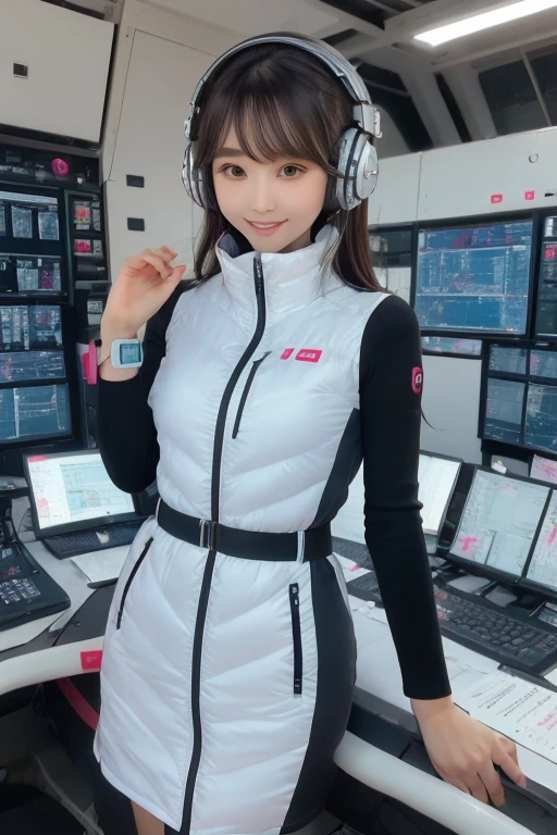 masterpiece, highest quality, Very detailed, 8K Portrait,Japanese Android Girl,plump , Control panel,Robotic arms and legs, Blunt bangs,,break (Metallic Gray, Metallic luster, Mirror finish, Astro Best):5,headphone:5,break (Black sleeves):100,Smart Watches,Futuristic space station,Control Room,break headphone,blue eyes,(Black Hair):2,(Long Hair):1.3,Displaying the viewer,(respirator),break blush:3,Hidden Hand,smile