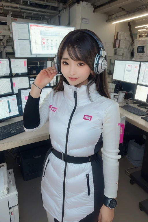 masterpiece, highest quality, Very detailed, 8K Portrait,Japanese Android Girl,plump , Control panel,Robotic arms and legs, Blunt bangs,,break (Metallic Gray, Metallic luster, Mirror finish, Astro Best):5,headphone:5,break (Black sleeves):100,Smart Watches,Futuristic space station,Control Room,break headphone,blue eyes,(Black Hair):2,(Long Hair):1.3,Displaying the viewer,(respirator),break blush:3,Hidden Hand,smile