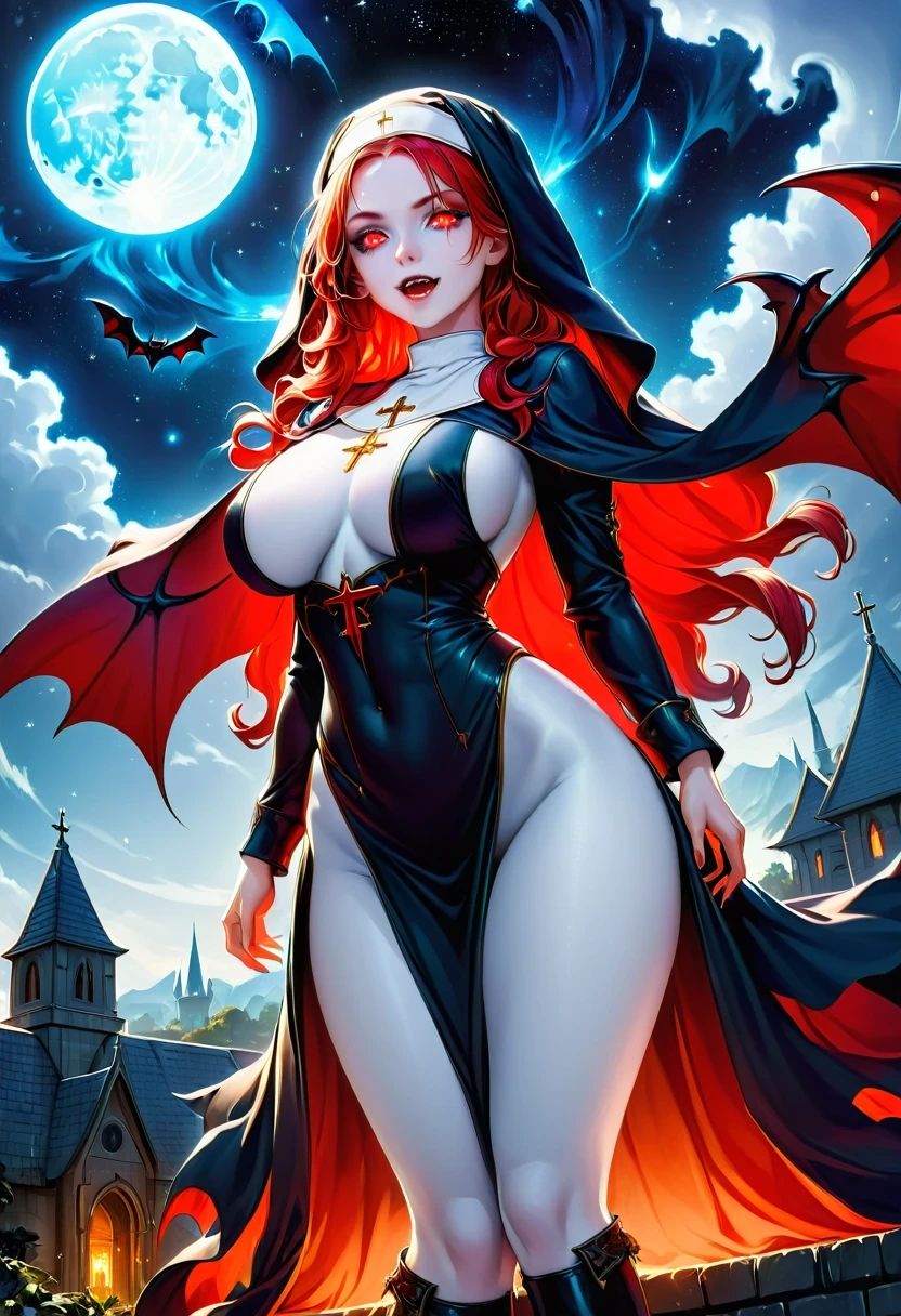 a picture of an exquisite beautiful female (nun: 1.3) vampire standing under the starry night sky on the porch of her monastary, action shot, dynamic angle (ultra detailed, Masterpiece, best quality), ultra detailed face (ultra detailed, Masterpiece, best quality), ultra feminine, (pale skin: 1.3), red hair, wavy hair, dynamic eyes color, cold eyes, glowing eyes, intense eyes, dark red lips, ((fangs: 1.1)), wearing white nun habit (ultra detailed, Masterpiece, best quality), wearing blue cloak (ultra detailed, Masterpiece, best quality), long cloak, flowing cloak (ultra detailed, Masterpiece, best quality), wearing high heeled boots, sky full of stars background, moon, bats flying about, action shot, high details, best quality, 16k, [ultra detailed], masterpiece, best quality, (ultra detailed), full body, ultra wide shot, photorealism, dark fantasy art, dark fantasy art, gothic art, many stars, dark fantasy art, gothic art, sense of dread,  GlowingRunesAI_red