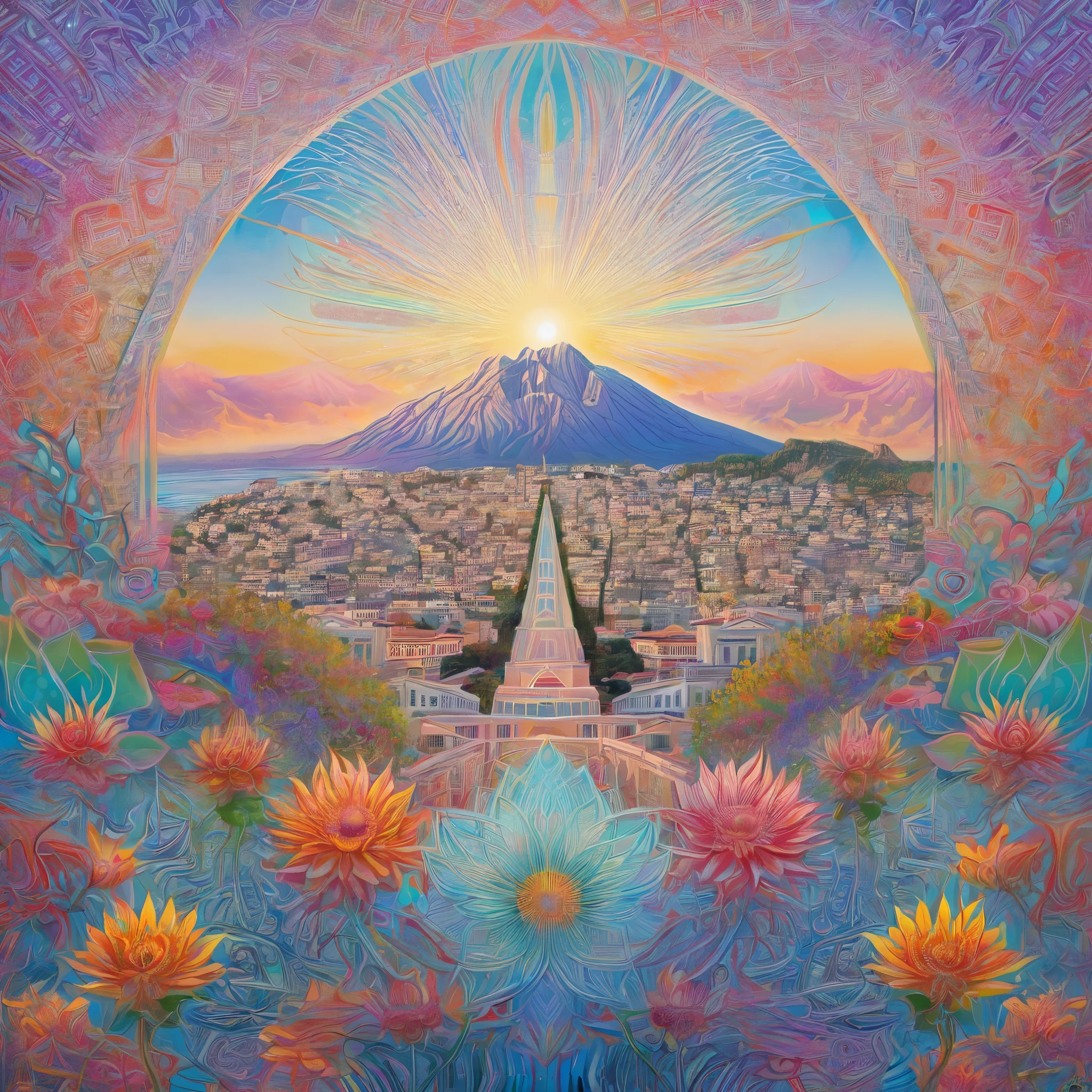 athens city, colorful, surreal, psychedelic, center, detailed, geometric patterns, visionary art, shamanic, alex grey, mini worlds, flowers, soft colors, 2D, monet style
