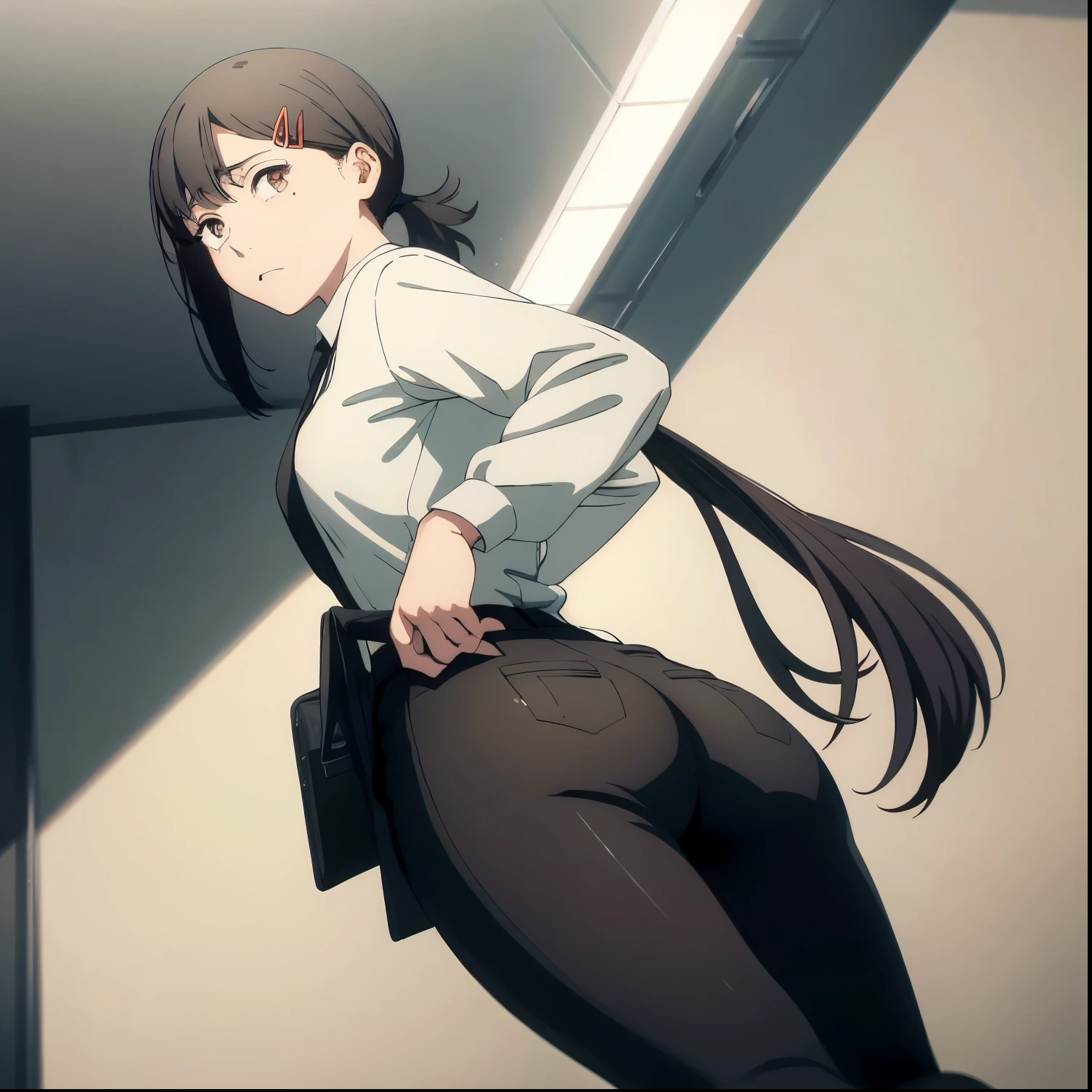 1 girl, alone, kobeni higashiyama, black hair, hair ornament, hair clip, mole, mole under the eye, ponytail, short hair, (brown eyes: 1.5), (office clothes:1.2), formal wear, (white shirt: 1.2), long sleeve, black tie, dress pants, (tight black pants: 1.2), black shoes, medium breasts, medium waist, wide hips, wide thighs, round butt, facing viewer, looking back, from behind, point of view (from below), showing butt, (interior: 1.2), (looking back: 1.2), ( office:1.2), window, (lighting:1.2), (Masterpiece : 1.2), Best Quality, High Resolution, Unity 8K Wallpaper, (Artwork: 0.8), (Beautiful and Detailed Eyes: 1.6), Extremely Detailed Face, Perfect Lighting, Extremely Detailed CG, (Perfect Hands, Perfect Anatomy )