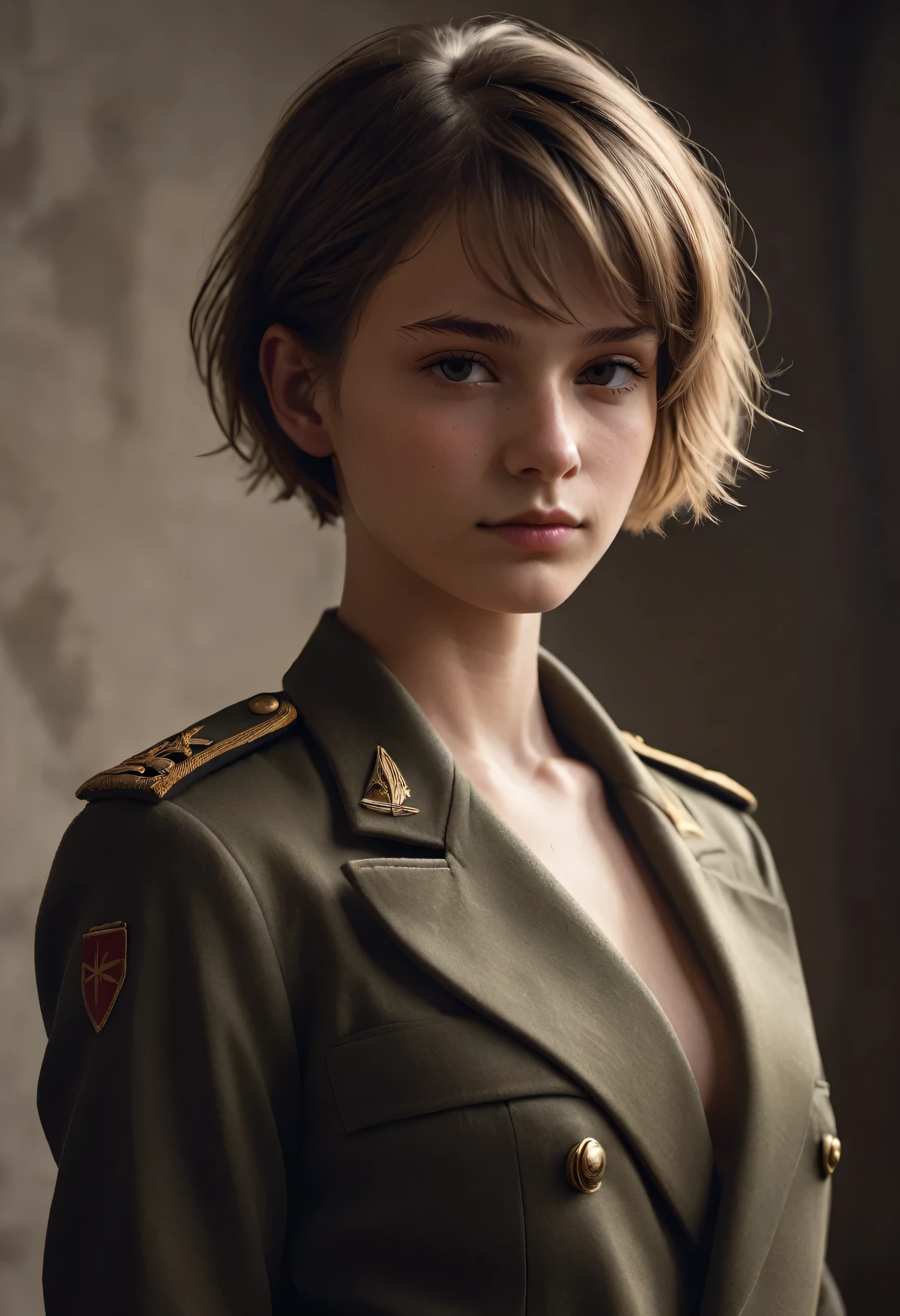 by Bojan Jevtic, Michael Borremans, Vector Art, RAW photo,close up of a strong 16yo Young FrenchBeauty army officer, alluring, no breasts, Thoughtful Pose, Land Art, Ilford HP5+ 400, F/5, perfect skin, Smooth Skin,Full Body,Bold, Brilliant Dim Background Light, Friarmoody lighting,Sharp and in focus, 8k, Visual novel, dramatic side lighting, Soft Image, Brilliant Masterpiece, open jacket, topless, sad smile, short hair