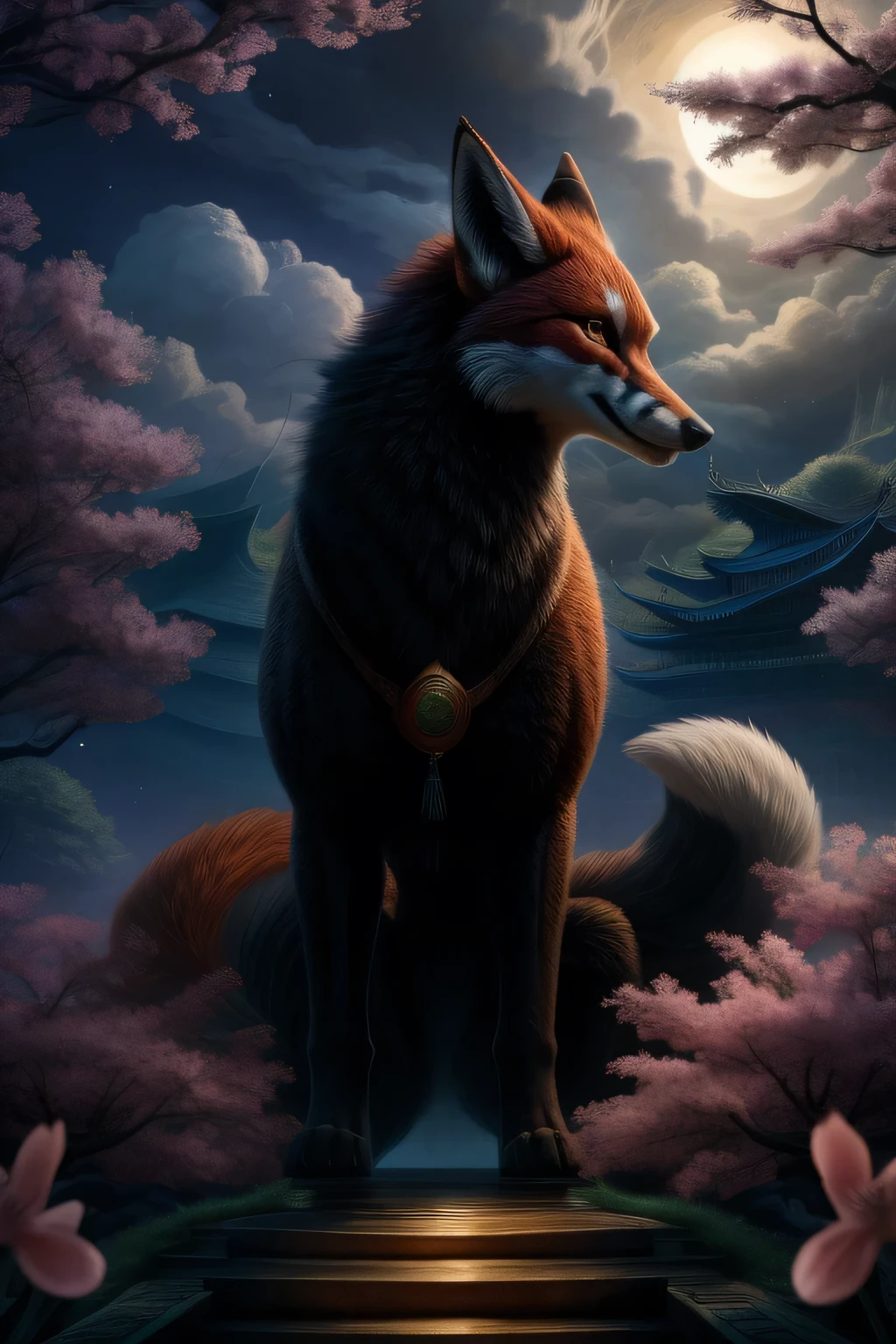 White three-tailed fox, female, feral, vagina, Chinese myth, Kitsune, ((feral)), olhos negros, Peach Blossom Forest, magnificent clouds, fantasia, mystery, China antiga, noite
